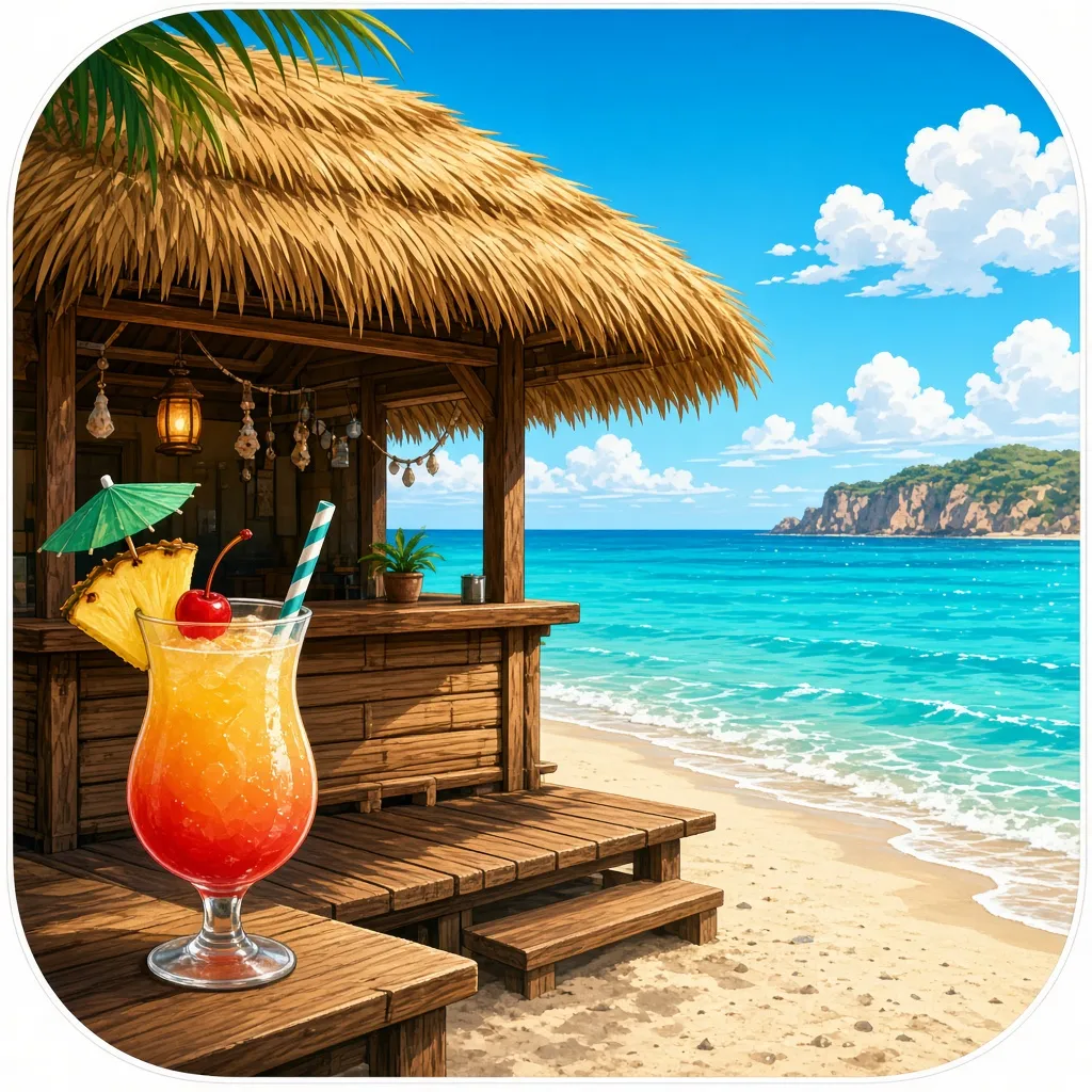 A thatched beach bar and a tall fruit cocktail on a wooden deck, with turquoise water behind.