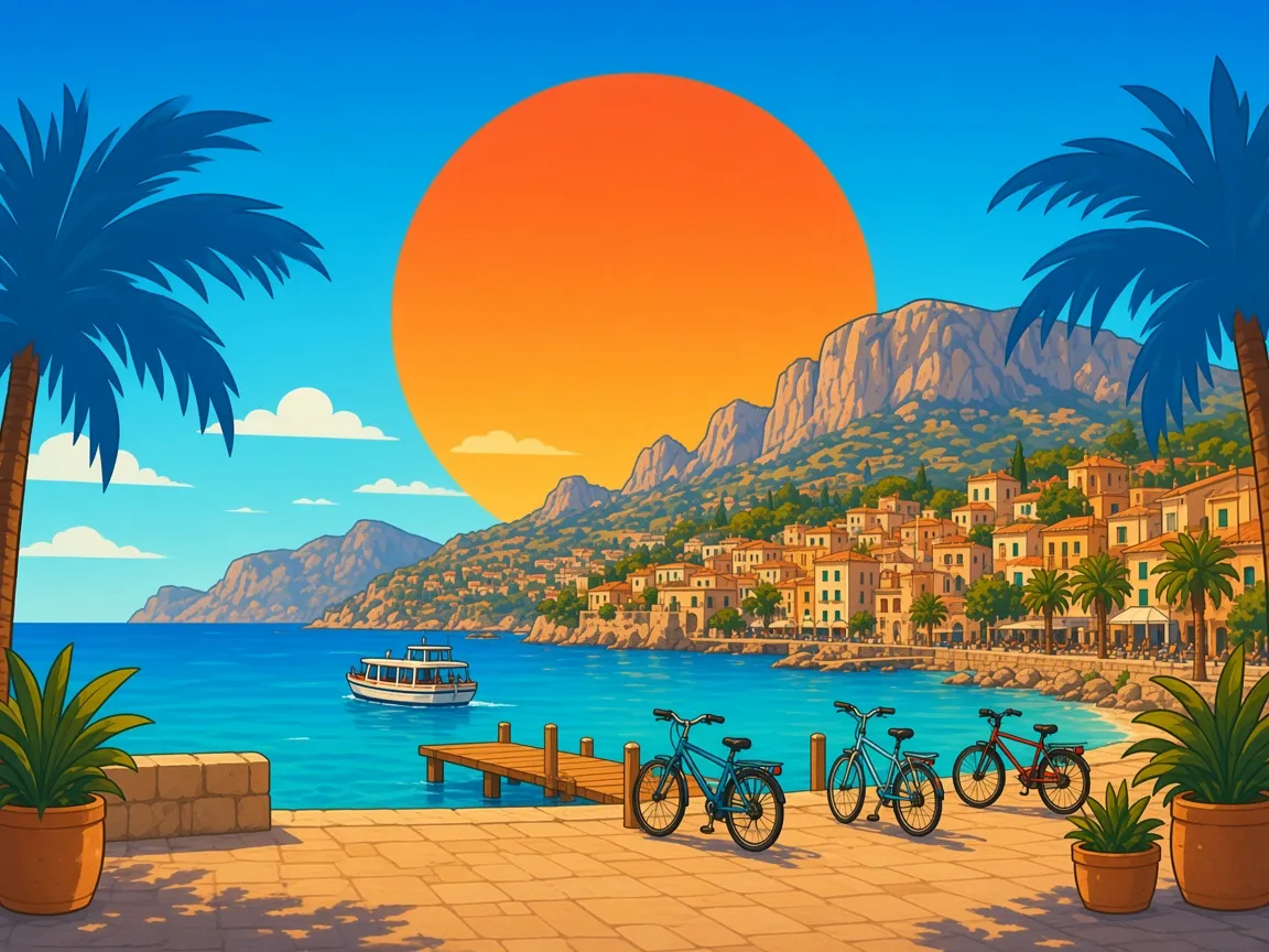 Three bicycles on a quay, a small pier, and a white ferry, with a hillside town and an orange sun.