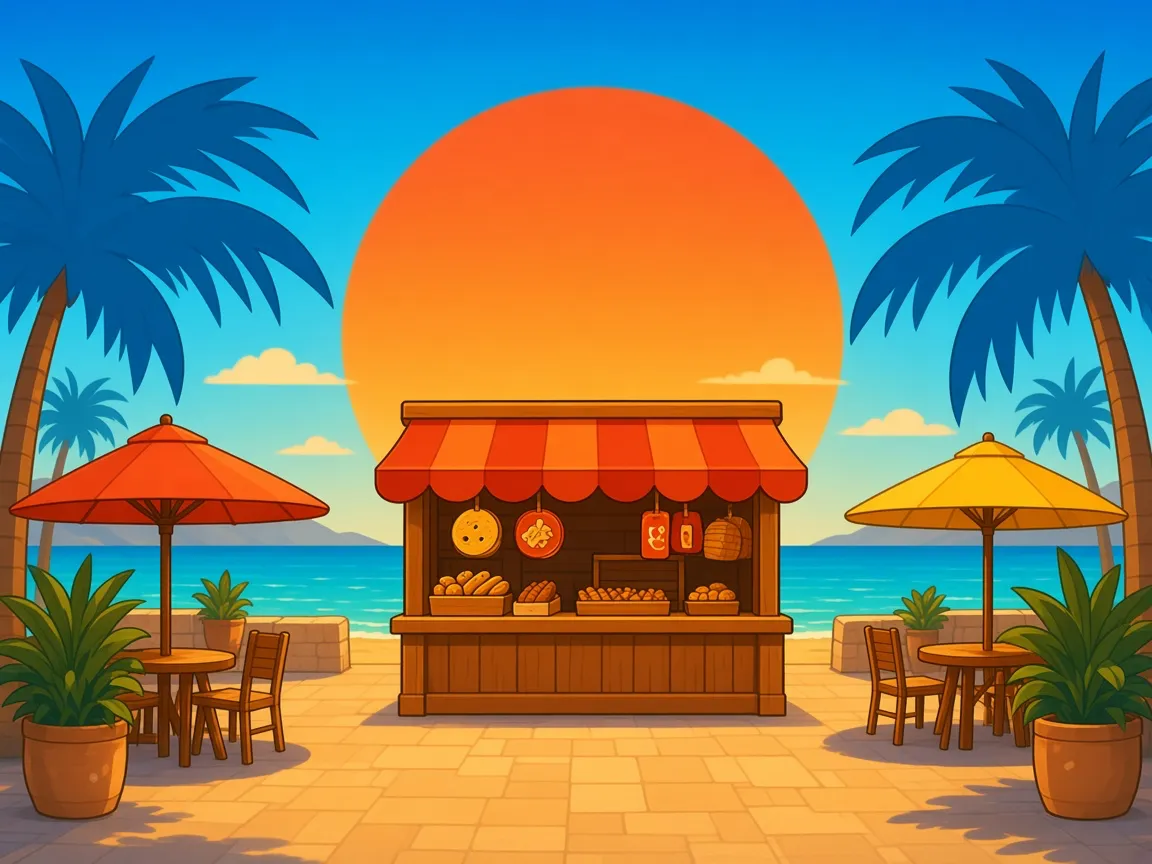 A wooden beach snack stand with an orange awning, set between palms and two café tables.