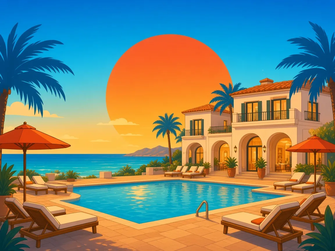 A white villa with a turquoise pool, sun loungers and two orange umbrellas beside the sea.