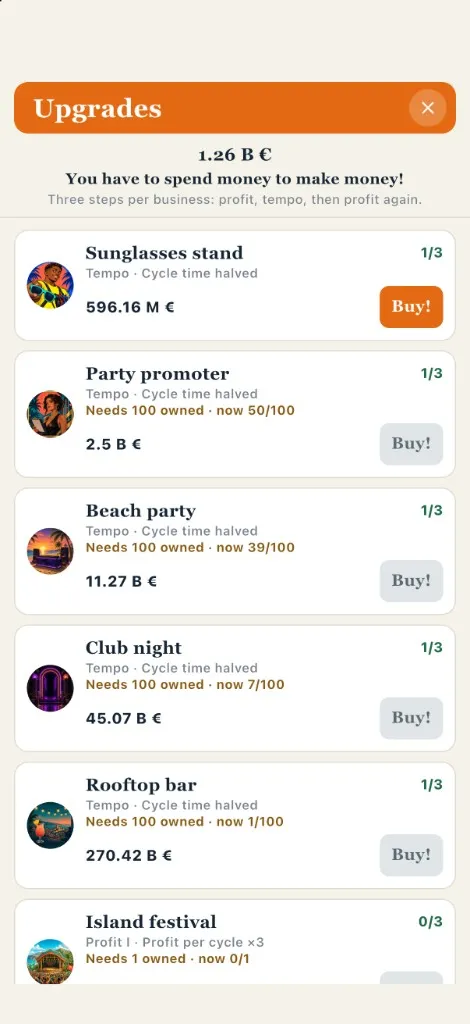 Screenshot of the upgrades list, with profit and tempo steps for the nightlife businesses.